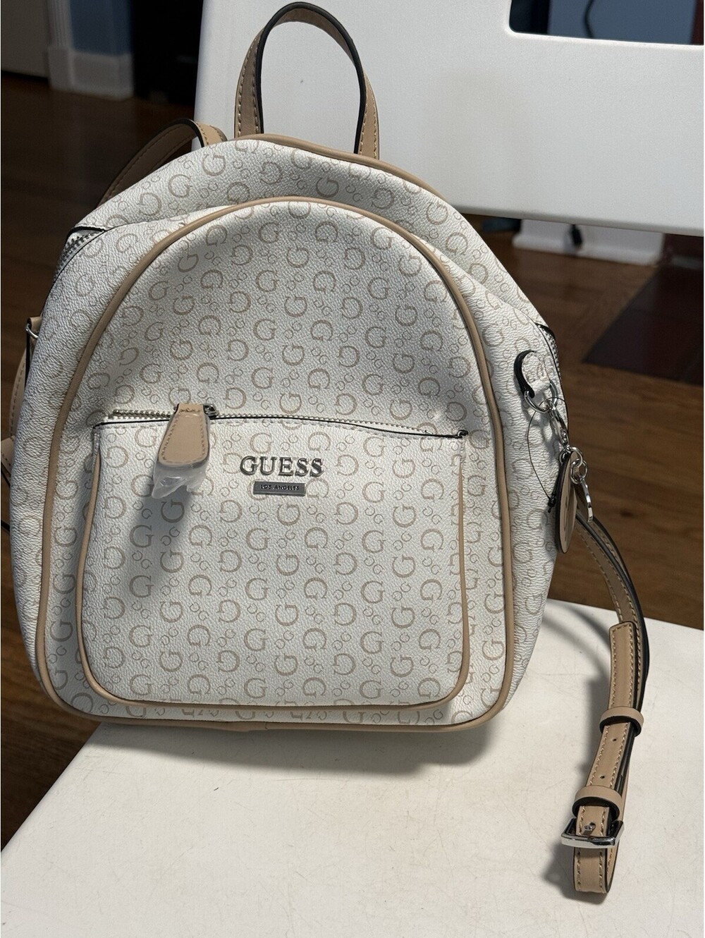 Guess Los Angeles Backpack Women White Leather , Adjustable Strap , New